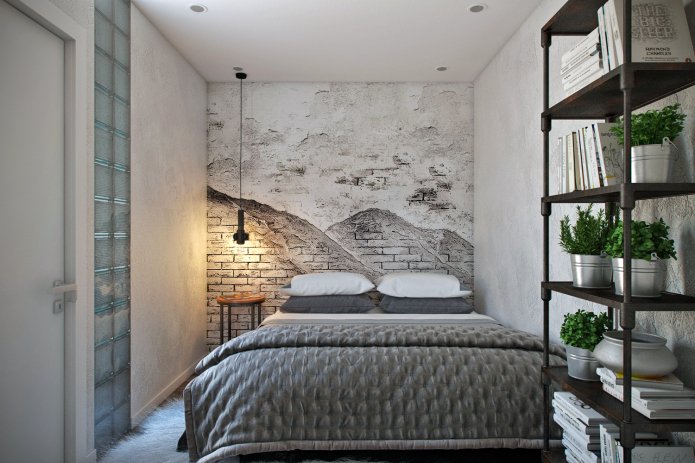 Papier peint photo noir et blanc sur le mur de la chambre, décoré dans un style loft