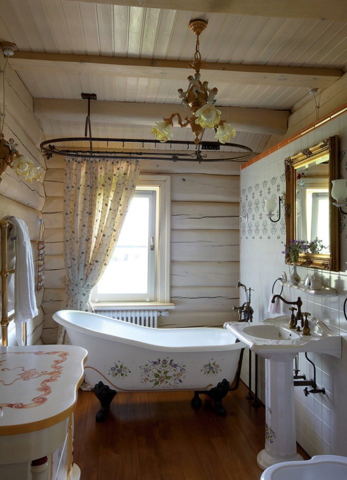 salle de bain dans une maison en rondins de bois