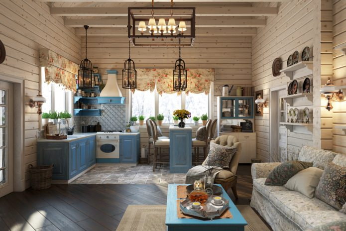 intérieur de la cuisine-salon de style provençal