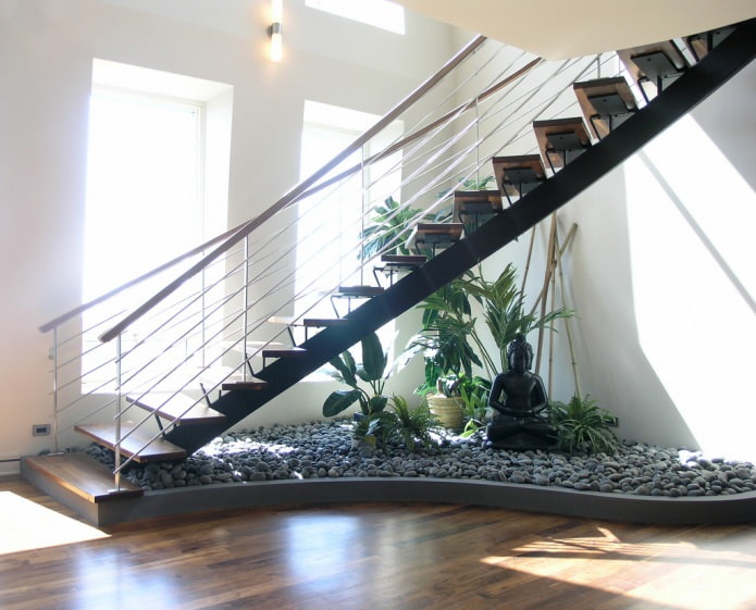 Jardin avec rochers sous l'escalier