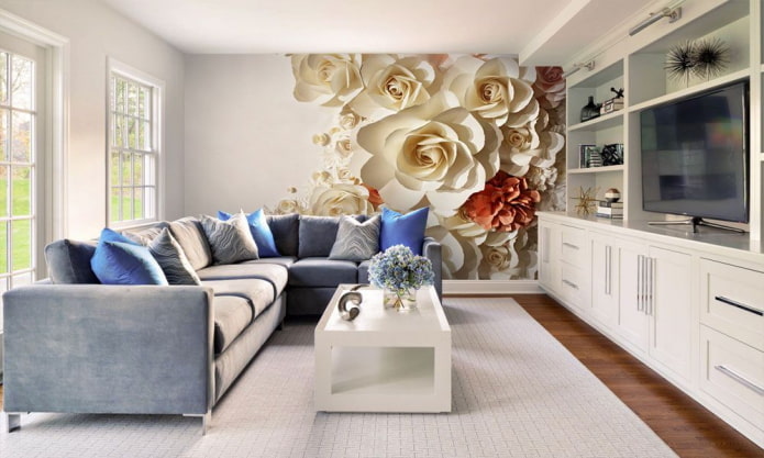Papier peint 3D avec des fleurs dans l'intérieur du salon