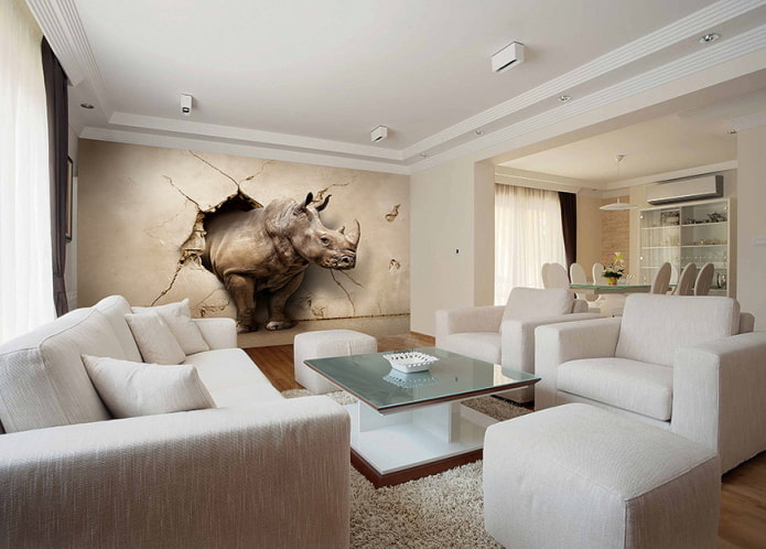 Papier peint 3D avec un rhinocéros dans le salon