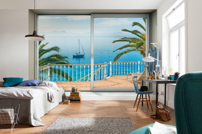 Papier peint 3D avec vue depuis la fenêtre de la chambre