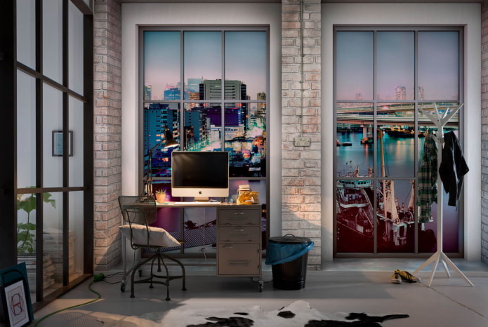 Papier peint 3D avec vue depuis la fenêtre du bureau