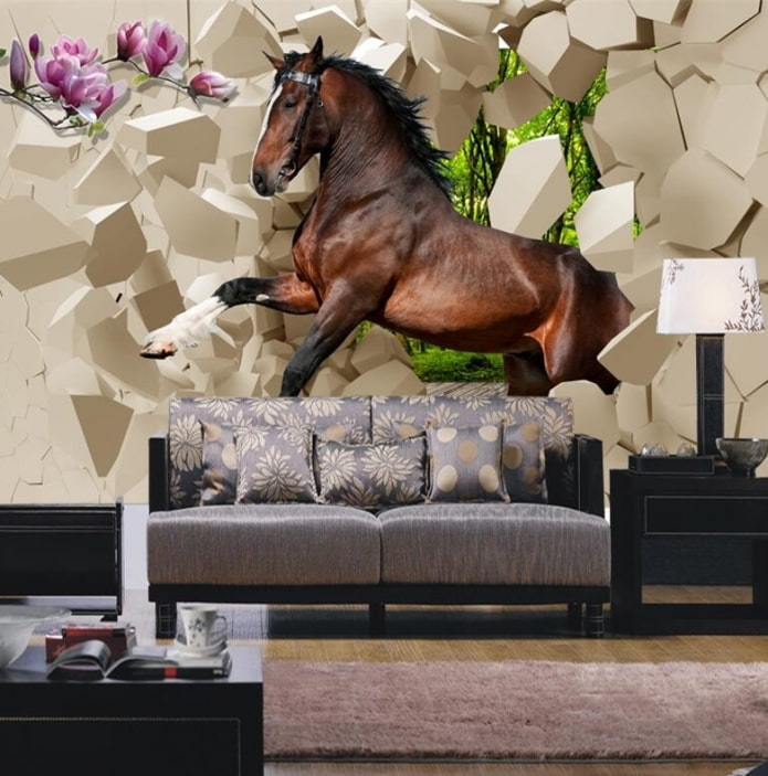 Papier peint photo 3D avec un cheval dans l'intérieur du salon