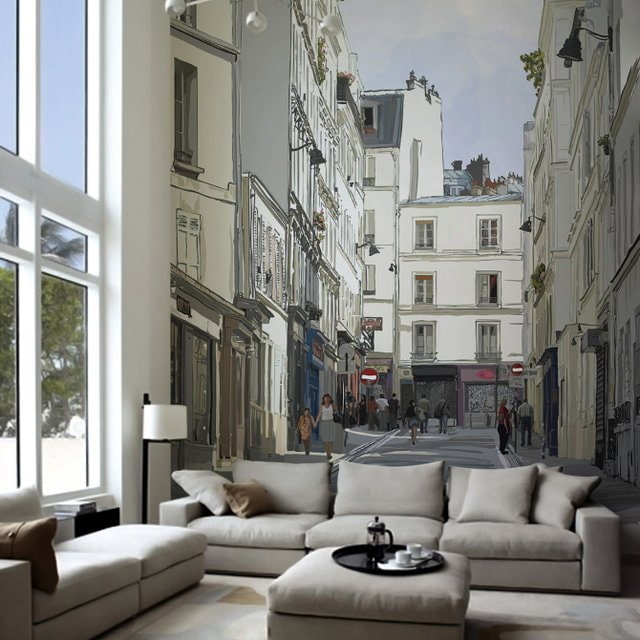 Fond d'écran 3D avec une image d'une ville dans le salon