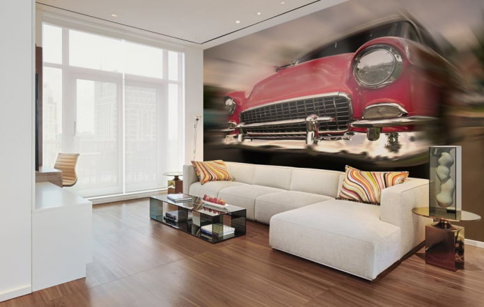 Papier peint photo 3D avec une voiture dans le salon