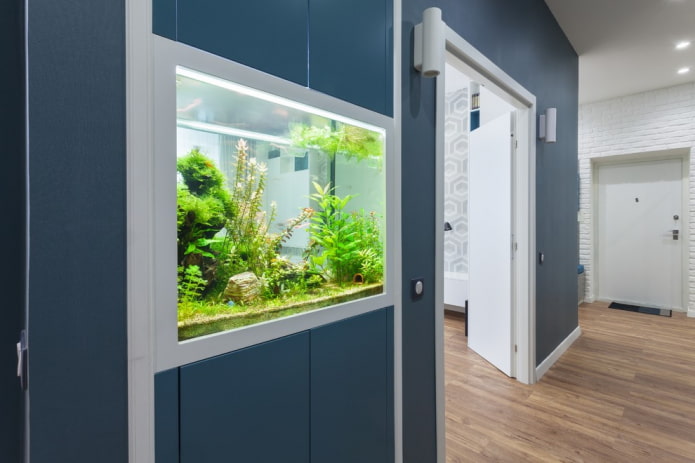 intérieur avec un aquarium encastré dans le mur