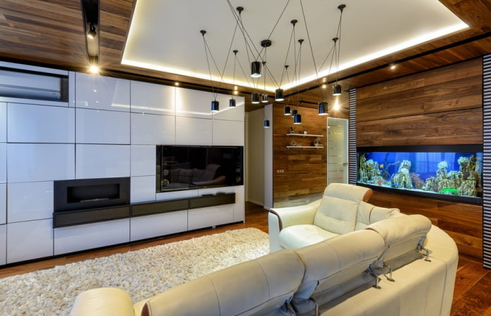Intérieur de salon avec aquarium