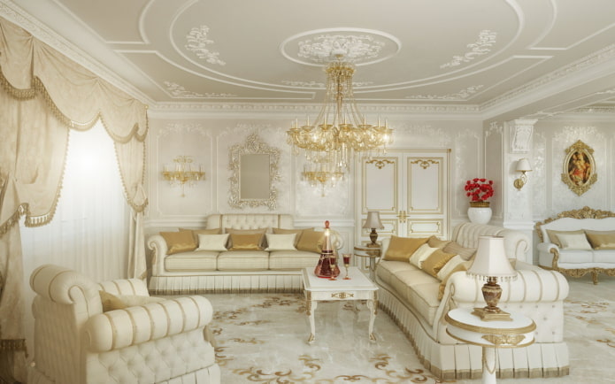 Salon dans les tons blancs dans un style classique