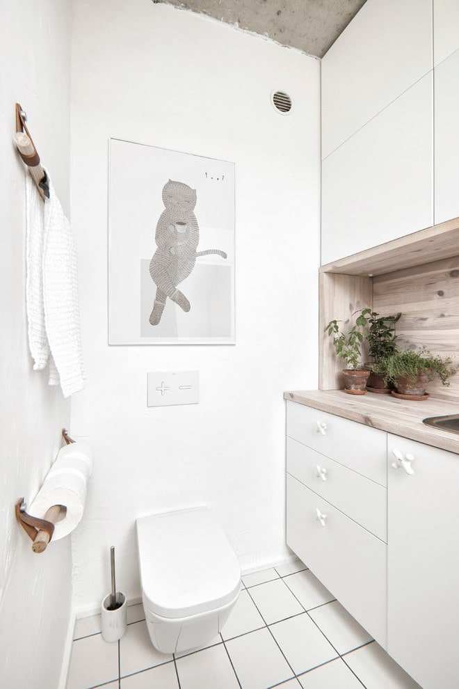 Aménagement intérieur des toilettes dans les tons blancs