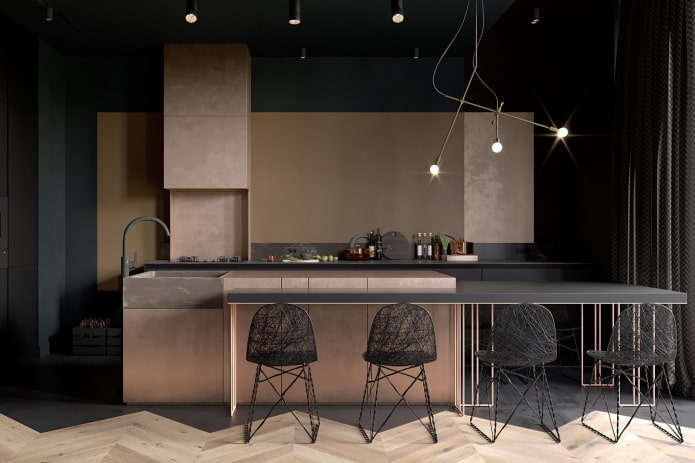 Intérieur de cuisine dans les tons beige et noir