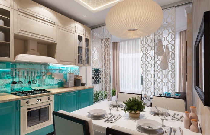 Intérieur de cuisine beige aux accents lumineux