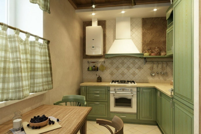 Intérieur de cuisine dans les tons beige et vert