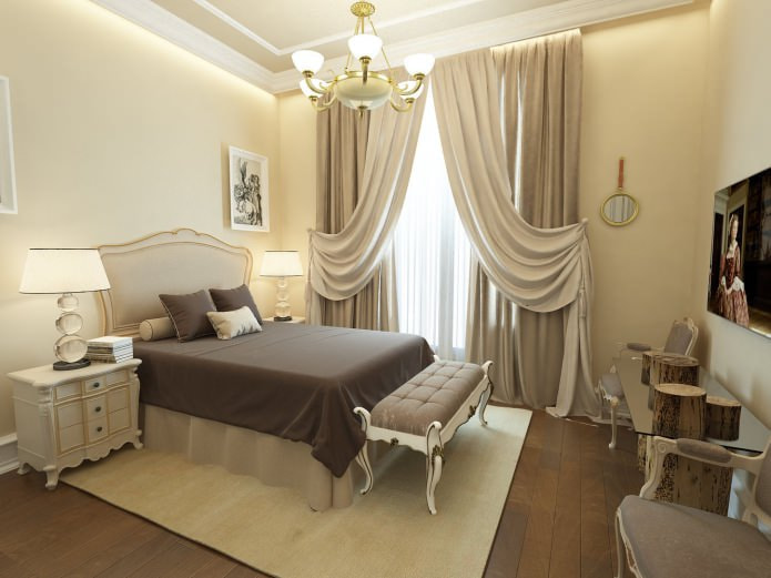 chambre beige avec un couvre-lit marron