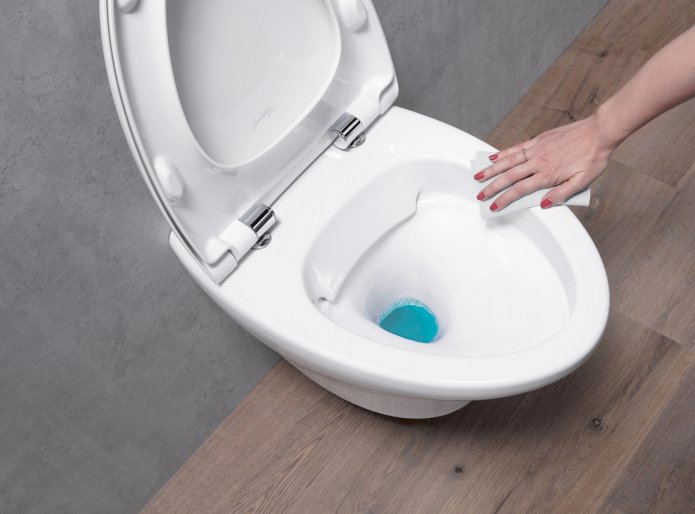 woman wiping a rimless toilet