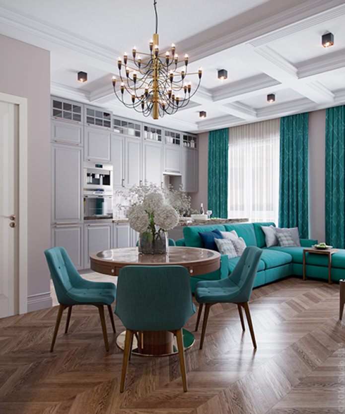 cuisine-salon dans les tons beige et turquoise