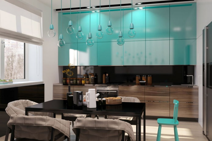 intérieur de cuisine dans des tons turquoise et marron