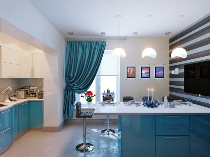rideaux à l'intérieur de la cuisine turquoise