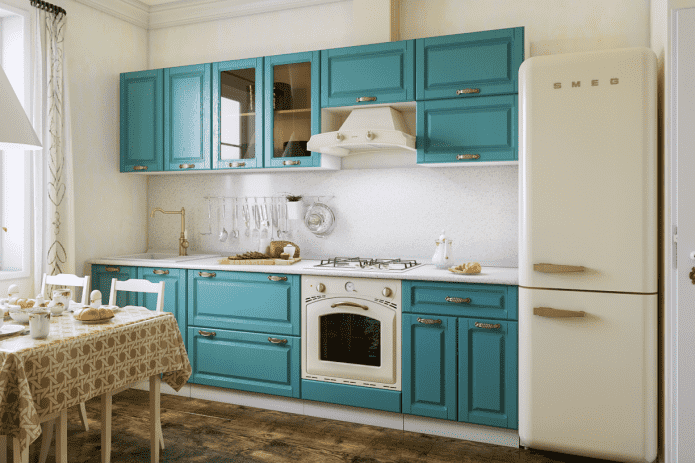 Meubles et électroménagers dans une cuisine turquoise
