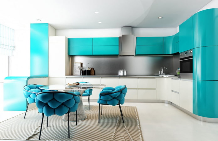 Meubles et électroménagers dans une cuisine turquoise