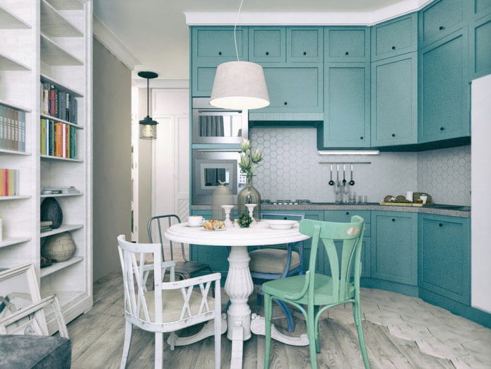 Meubles et électroménagers de la cuisine en turquoise