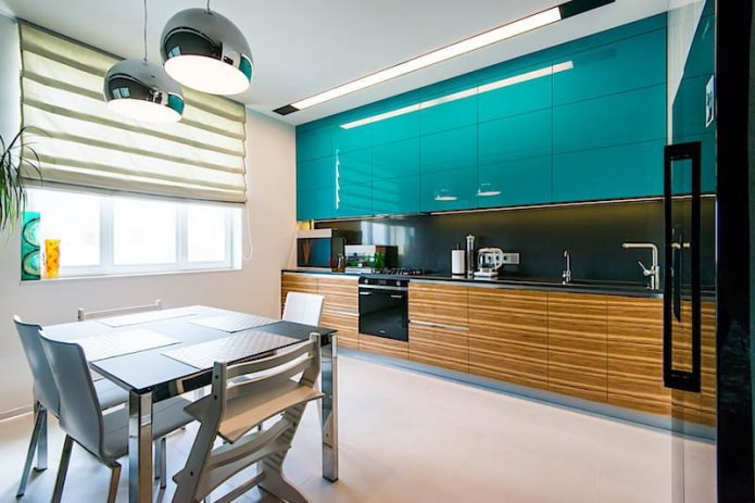 intérieur de cuisine dans des tons turquoise et marron