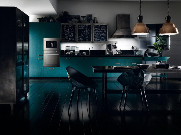 Intérieur de cuisine aux tons noir et turquoise