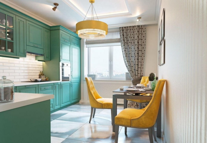 Cuisine turquoise aux accents lumineux