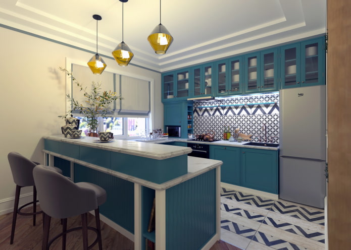 décoration et textiles à l'intérieur d'une cuisine turquoise