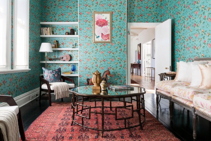 Papier peint turquoise à fleurs