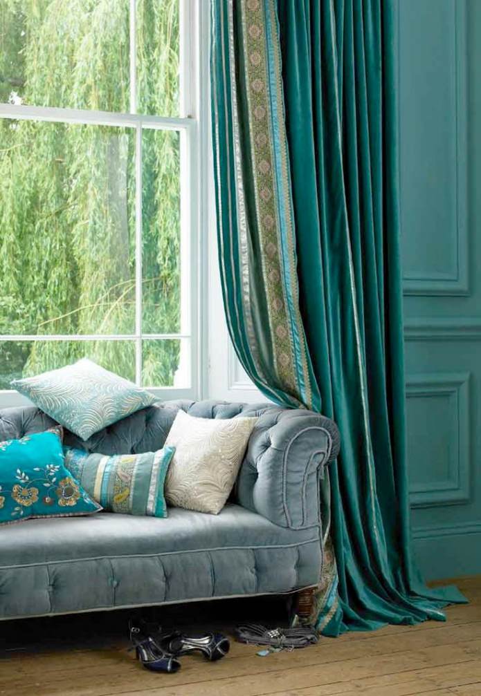 rideaux en velours turquoise
