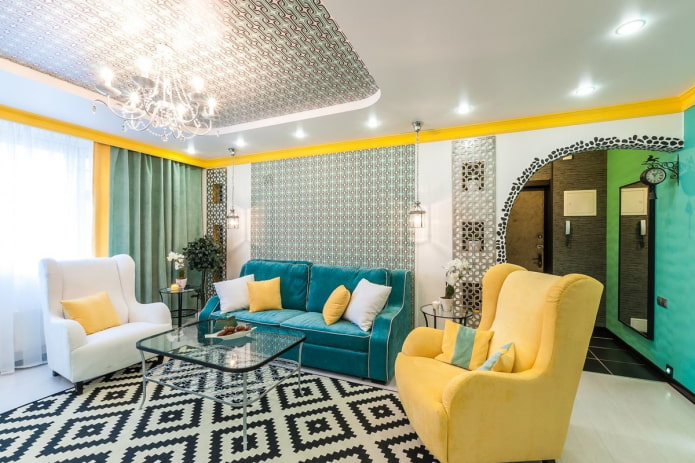 canapé turquoise associé à des fauteuils