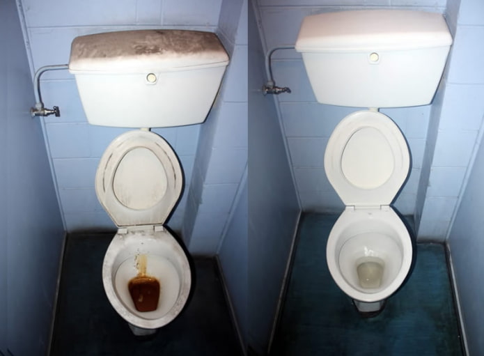 Toilettes avant et après le nettoyage à l'électrolyte
