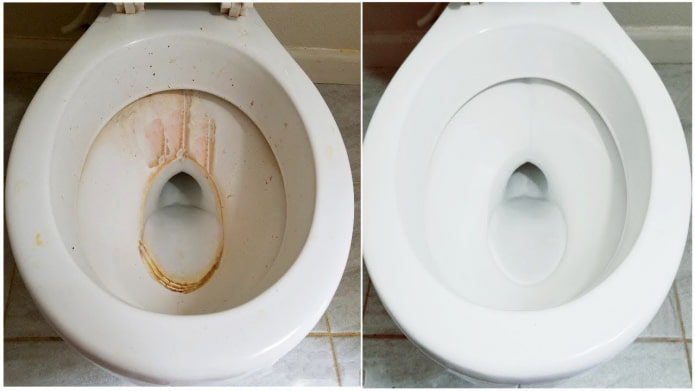 Toilettes avant et après le nettoyage avec le gel Cillit BANG