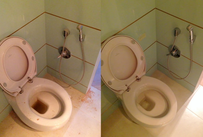 Toilettes avant et après nettoyage avec la poudre Sarma