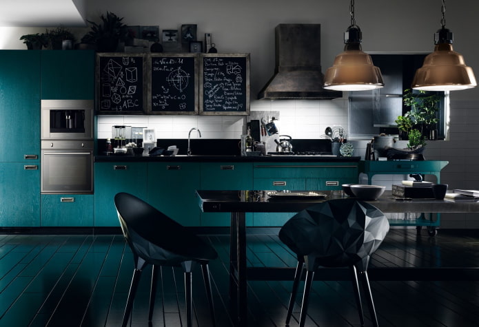 intérieur de cuisine dans les tons noirs et turquoise