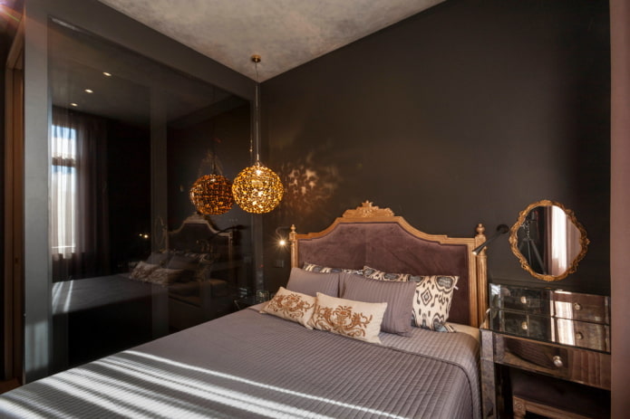 Décoration et éclairage de la chambre dans les tons noirs