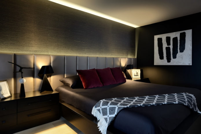 décoration et éclairage de chambre dans des tons noirs