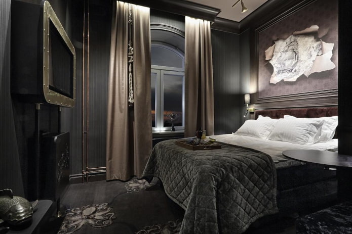 Textiles dans une chambre à coucher aux tons noirs