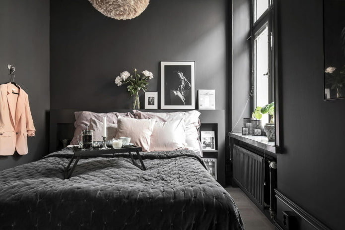 décoration et éclairage de chambre dans des tons noirs