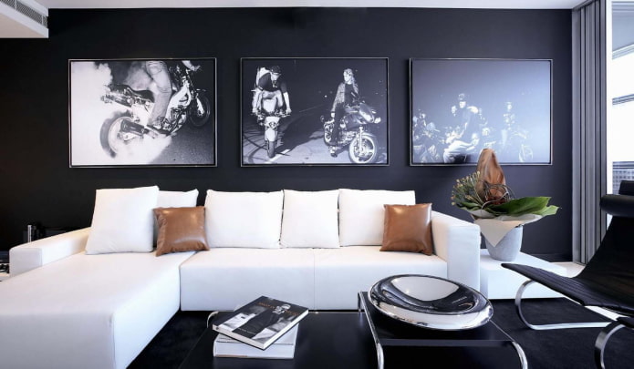 Meubles et textiles du salon dans les tons noir et blanc