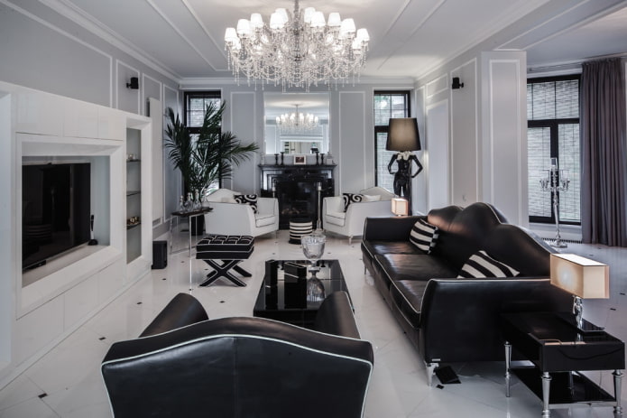 Éclairage et décoration du salon en noir et blanc