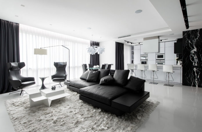 Intérieur de salon aux tons noir et blanc