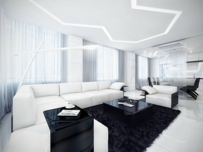 Salon aux tons noir et blanc, style high-tech