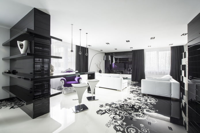 Salon aux tons noir et blanc, style art déco