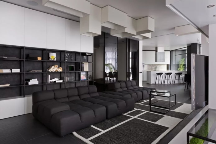 Intérieur de salon aux tons noir et blanc
