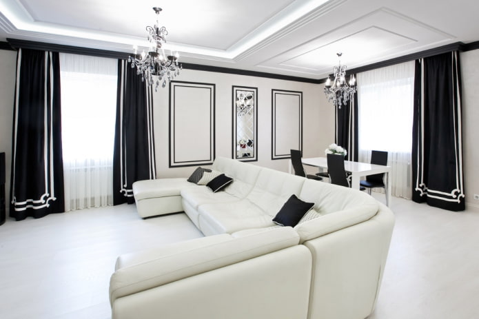 Éclairage et décoration de salon noir et blanc