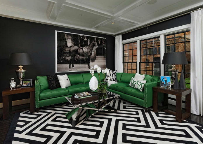 Salon en noir et blanc avec des accents lumineux