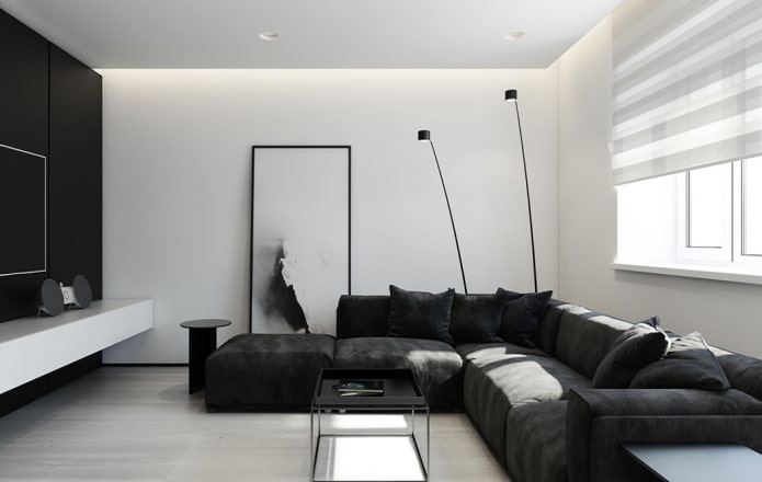 salon aux tons noir et blanc dans un style minimaliste